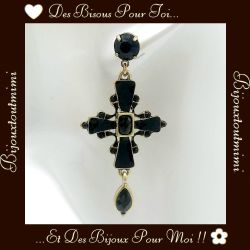 Boucles d'Oreilles Pendantes Croix Noires & Dorées Ikita Paris